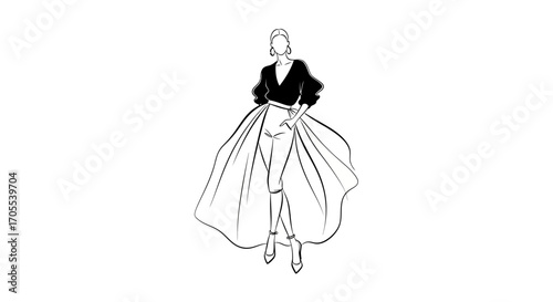 Elegant fashion illustration of a woman in a stylish outfit. Perfect for fashion blogs, branding, and editorial content. Minimalist design with a chic aesthetic.