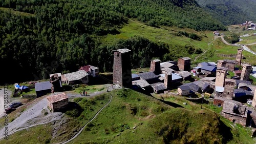 Picturesque View of Ushguli, a Community High in the Caucasus Mountains, Showcasing Its Unique Svan Towers and Traditional Architecture.