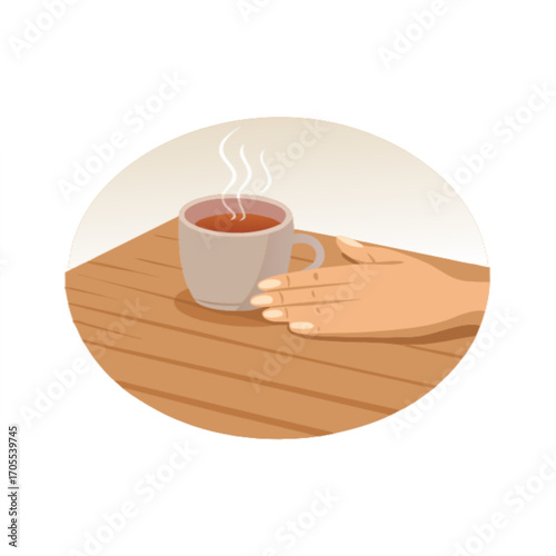 Steaming cup of tea on wooden table, hand reaching for warmth