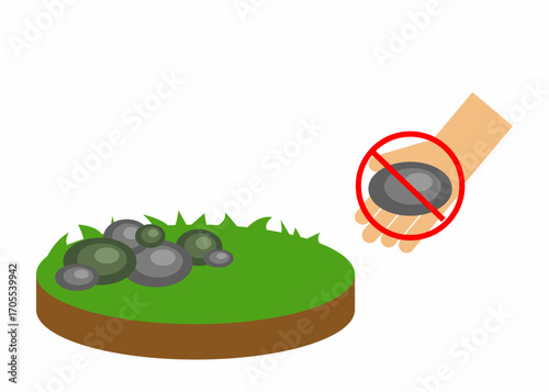 Vector illustration of a safety sign showing a hand with a stone crossed out, warning not to pick up rocks from the ground. Flat style educational concept.