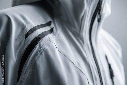 Ultra-detailed trail running jacket in arctic white with matte steel gray zippers, minimalist product photography