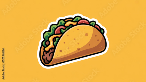A vibrant taco illustration featuring fresh ingredients like lettuce, tomato, and meat, set against a bright yellow background