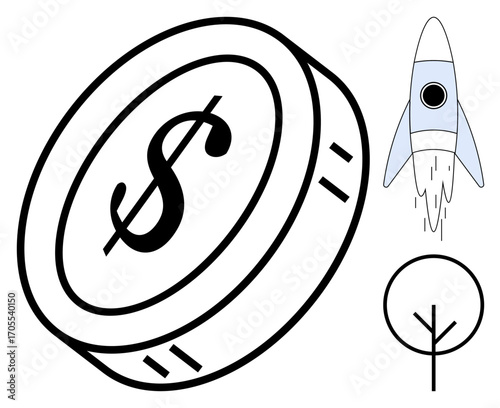 A dollar coin symbolizes currency, a rocket represents innovation, and a tree signifies sustainability. Ideal for business, economy, startup, investment, finance, progress simple flat metaphor