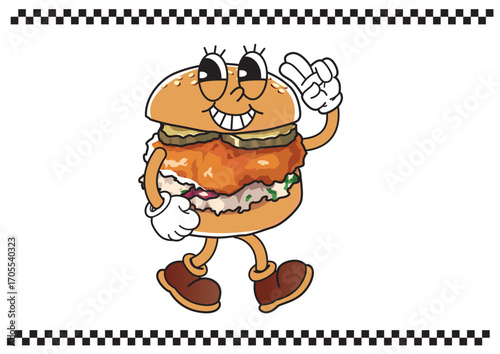 Cheerful cartoon hamburger character making a peace sign and smiling widely. Food concept