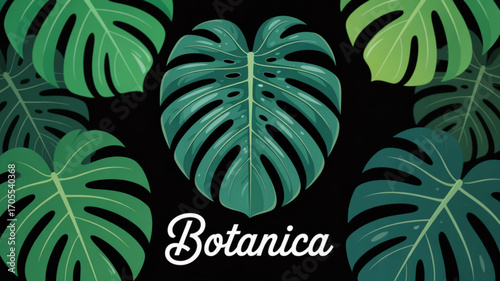 Botanica lettering with monstera leaves on, a vibrant and eyecatching design that captures the essence of tropical beauty