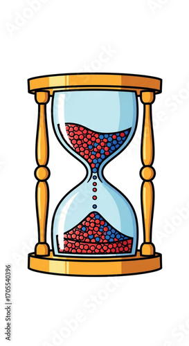 Hourglass with red and blue sand flowing.