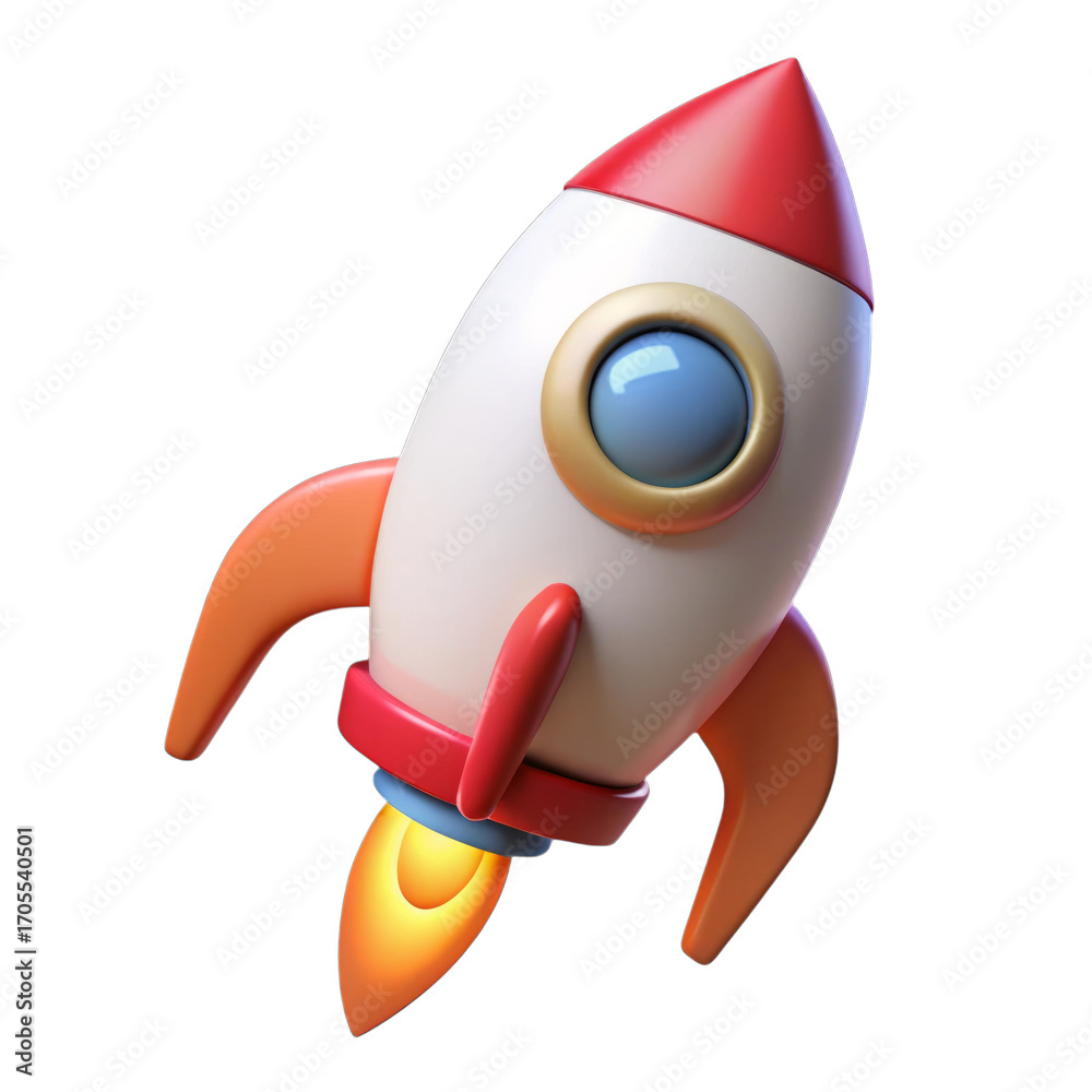Fototapeta premium Cartoonish rocket ship with orange fins and red tip isolated on a transparent background space blastoff