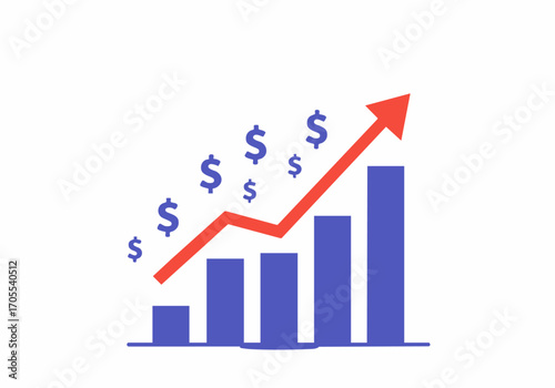 Upward trending bar graph with a red arrow and dollar signs indicating financial growth.