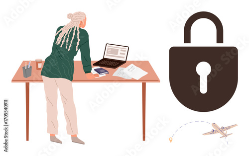 Woman leaning on table with laptop, travel documents, and passport, alongside a large padlock and airplane with path. Ideal for travel security, planning, data safety, remote work, technology