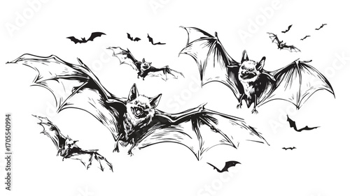 Spooky Halloween Bat Vector Illustration with Outline Isolated on White Background