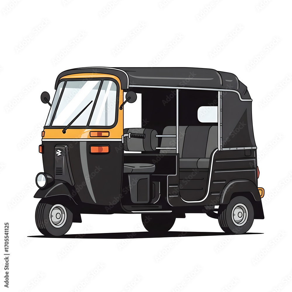 Obraz premium Black and Yellow Auto Rickshaw Tuk Tuk Vector Illustration Isolated on White