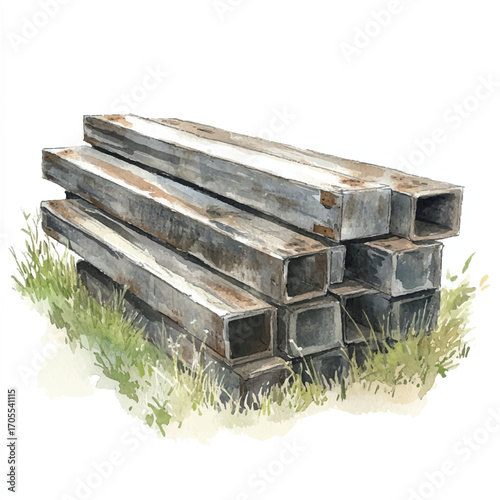 A stack of old rusted square steel tubing illustration.