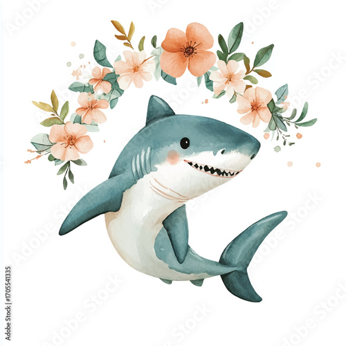 Adorable cartoon shark with a floral wreath a cute and friendly design.