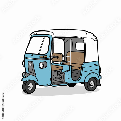 A cartoon illustration of a blue and white auto rickshaw, ready for passenger transport.