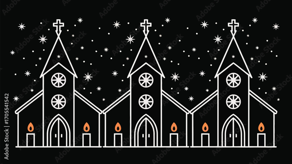 Fototapeta premium Three churches outlined in white with crosses and stars in a black background with lit candles below