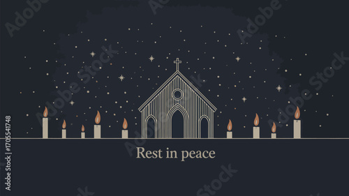 Illustrated church with candles and stars against a dark blue background with rest in peace text
