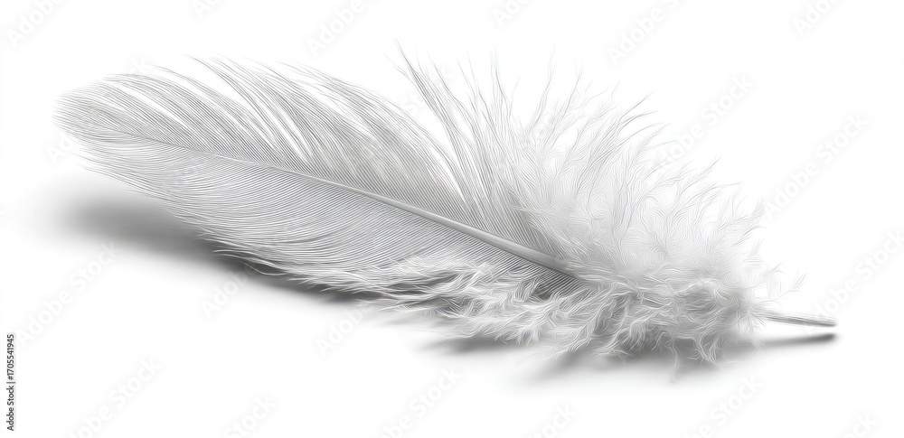 Obraz premium A single, light gray feather gently rests on a white background