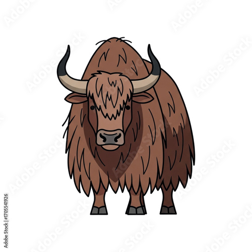 Illustration of a fluffy brown yak with horns.