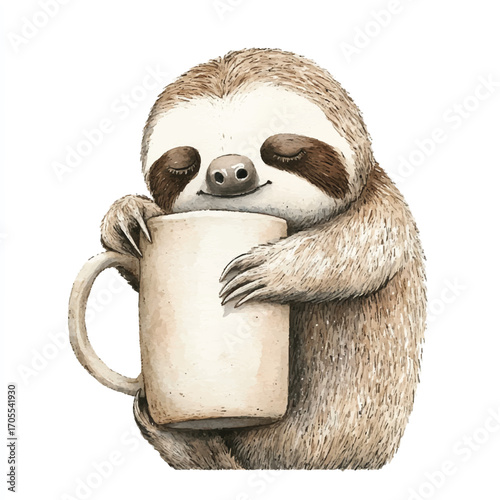 Adorable sleepy sloth hugging a large warm mug.