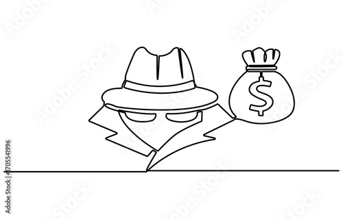 Hacker One line drawing of anonymous face character. Portrait close up of a criminal with single continuous lineart isolated on white background.