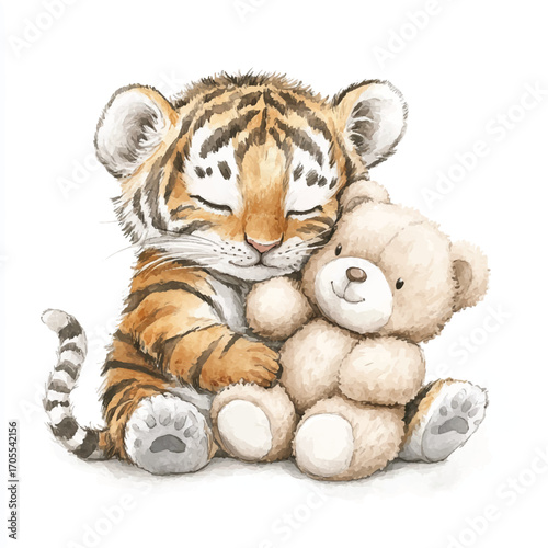 Adorable Tiger Cub Snuggling with Teddy Bear Illustration.