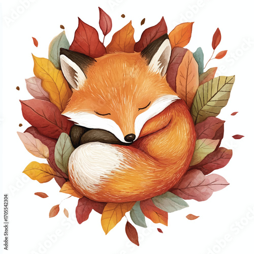 Adorable watercolor fox sleeping peacefully among autumn leaves.