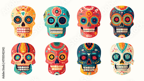 Dia de Muertos Skulls Collection Hand Drawn Flat Illustration
