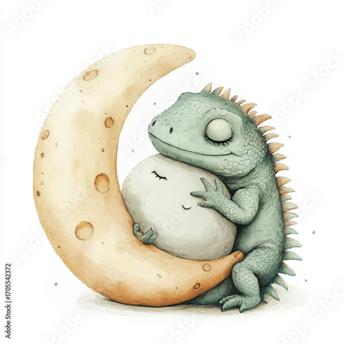 Adorable watercolor iguana sleeping on a crescent moon.