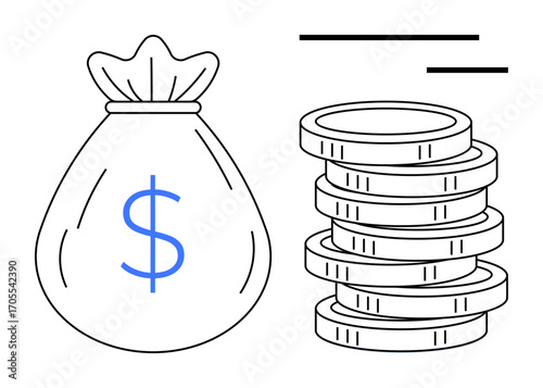 Money bag with dollar sign alongside stacked coins represents financial planning, wealth, and savings. Ideal for business, economy, investment, budgeting, banking, funding and accounting concepts
