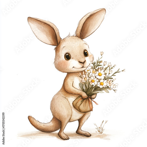Adorable watercolor illustration of a baby kangaroo holding flowers.
