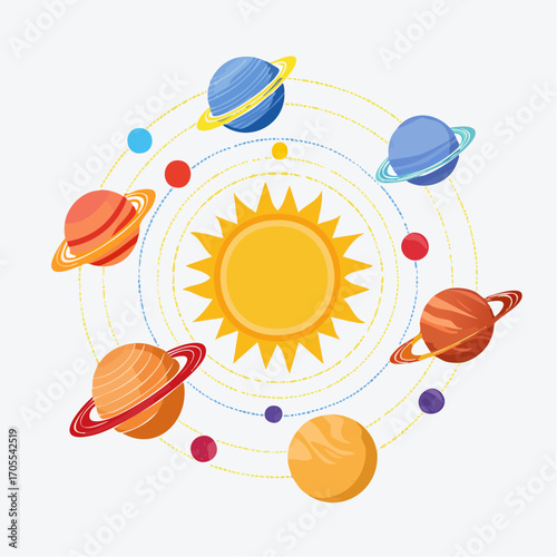 Cartoon illustration of the solar system featuring the sun and planets orbiting around it on a light background.