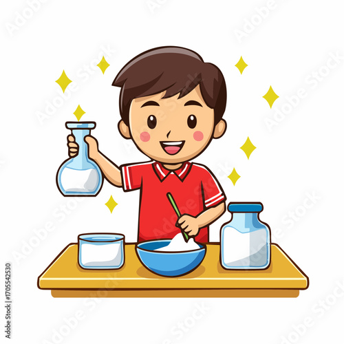 Cartoon boy in a red polo shirt, happily mixing ingredients in a bowl for baking.