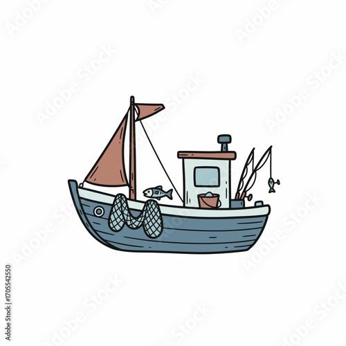 A charming cartoon illustration of a fishing boat with fishing gear, a sail, and a fish.