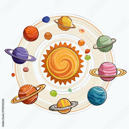 A vibrant illustration of the solar system, showcasing planets orbiting a bright sun with rings.