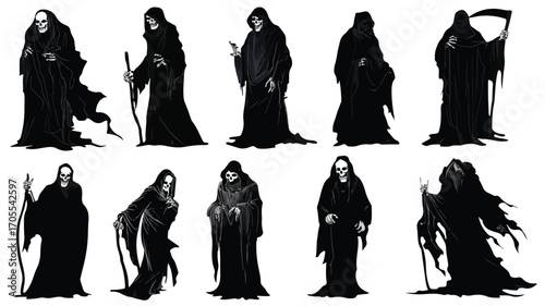 Hooded Skeletons with Eerie Expressions Vector Illustration