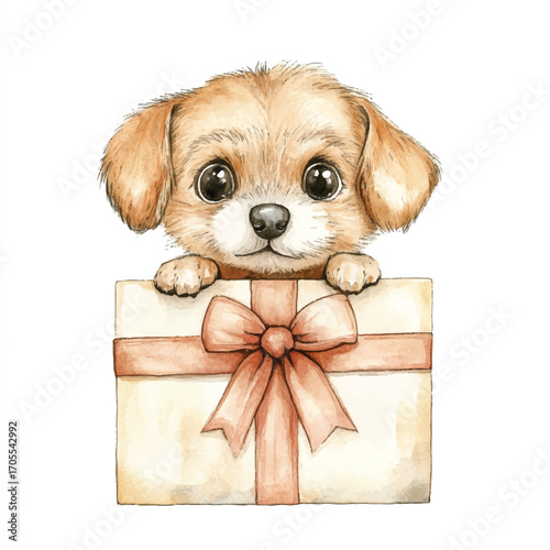 Adorable watercolor puppy peeking over a gift box illustration.