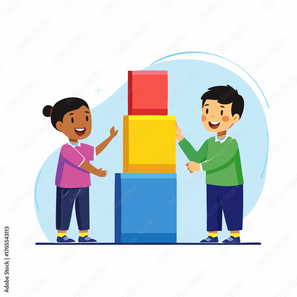Obraz premium Two children building a tower of colorful blocks together, showing teamwork and joy.