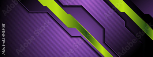 Violet and green geometric technology stripes abstract background. Vector concept banner design
