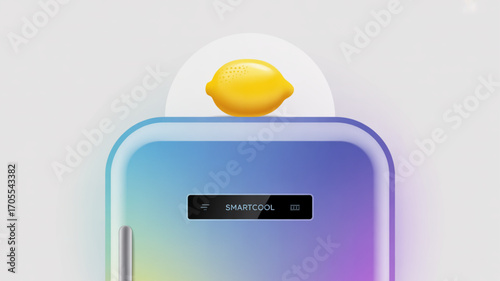 A modern refrigerator with a lemon on top, , showcasing smart cooling technology and a fresh, vibrant aesthetic