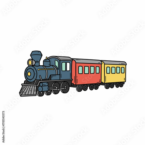 A charming vintage steam train with red and yellow passenger cars, ready for a journey.