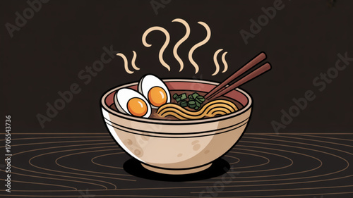 A delicious bowl of ramen with eggs and chopsticks, a flavorful and comforting dish, perfect for a quick and satisfying meal, illustration