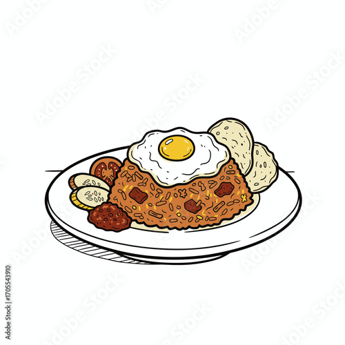 Hand-drawn illustration of Nasi Goreng, a popular Indonesian fried rice dish, complete with egg, vegetables, and crackers.