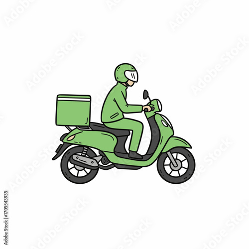 A green-clad delivery driver rides a scooter, carrying a package.