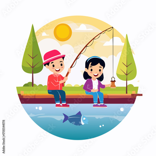 A cartoon illustration of a boy and a girl fishing together by a lake on a sunny day, with trees in the background.