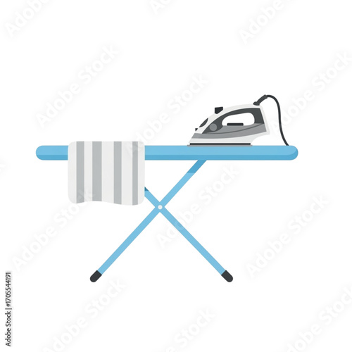 Ironing board with iron and towel.