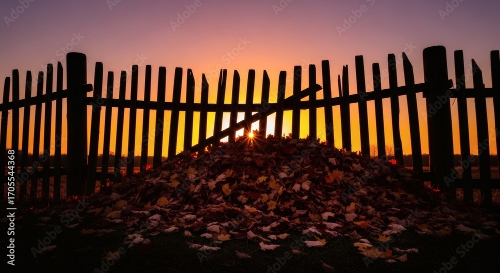 Obraz premium An autumn pile of dry leaves silhouetted against a beautiful golden sunset, casting a tranquil and moody atmosphere in the garden