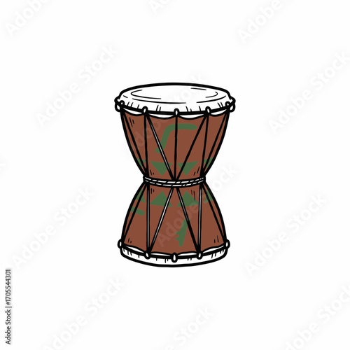 Hand-drawn illustration of a traditional hourglass-shaped drum with intricate carvings.