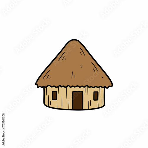 Simple cartoon illustration of a small, round hut with a thatched roof and a door.