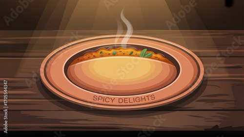 A steaming plate of spicy delights sits on a rustic wooden table, inviting viewers to savor the rich flavors and warm ambiance of a culinary experience