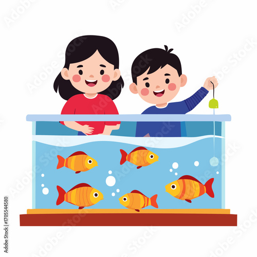Two happy children, a girl and a boy, are watching goldfish swimming in a rectangular aquarium.